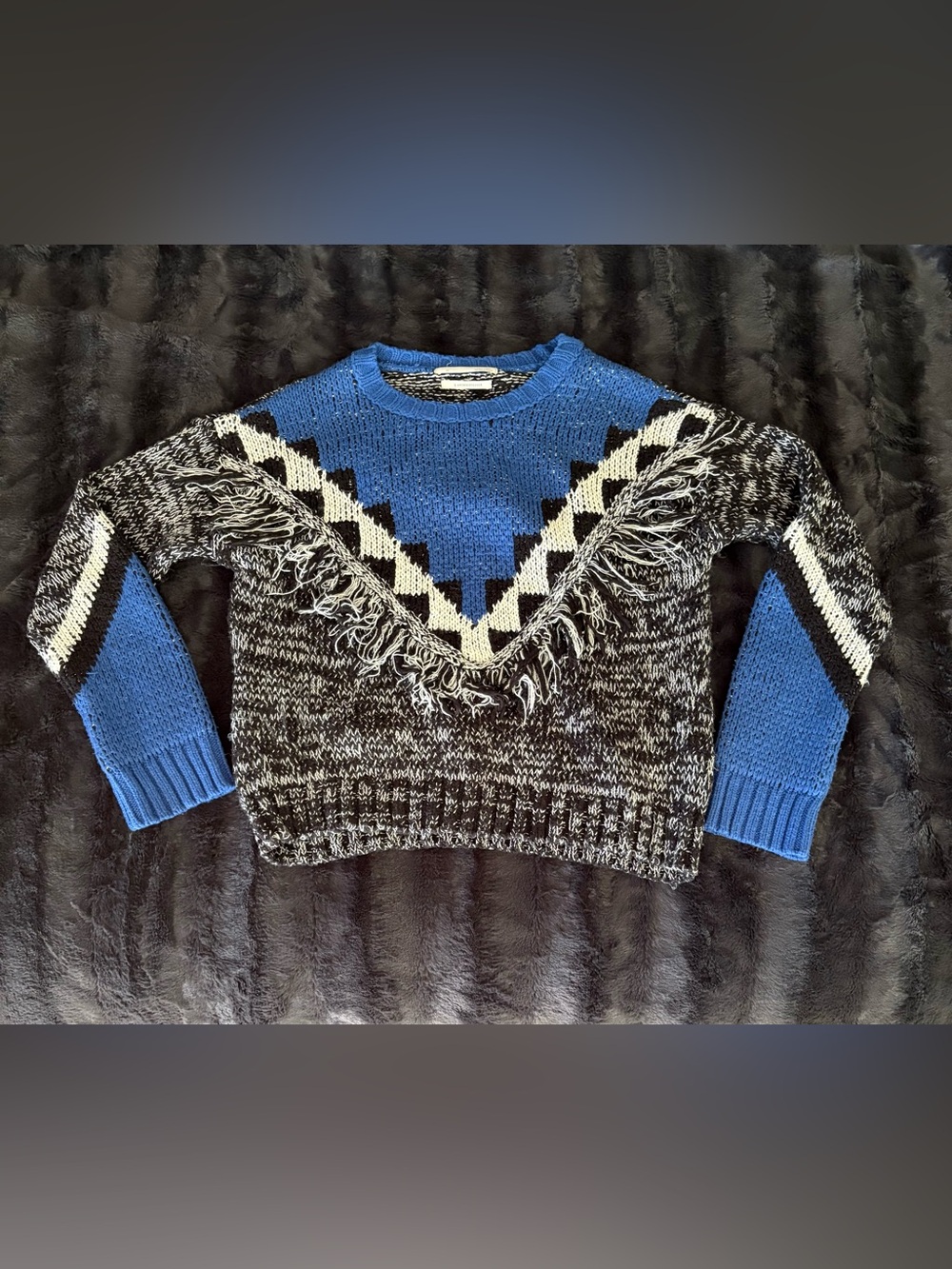 Anthropologie Blue Black Chevron Fringe Knit Sweater Size XS